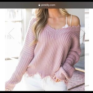 Pink Lily Distressed Sweater, medium
